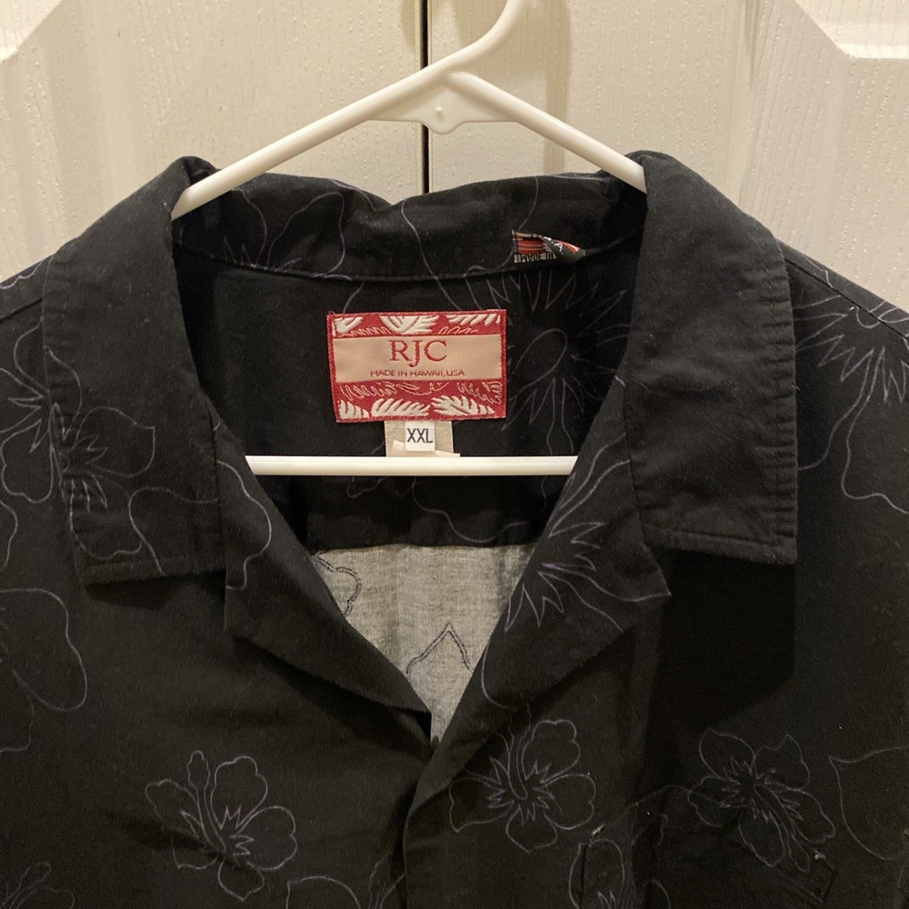 VTG RJC Hawaiian Shirt 2XL Made in USA Black Purple Brown Palm Trees Floral - Picture 2 of 7
